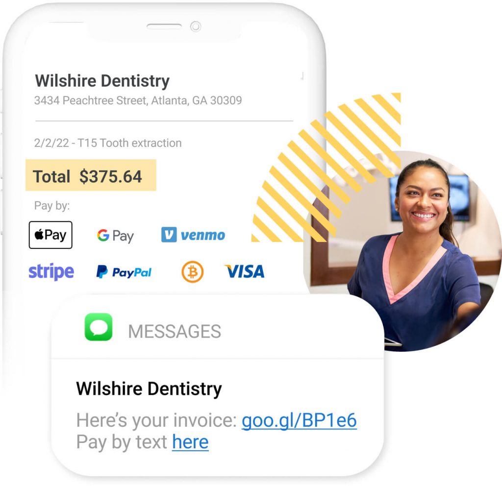Female dental assistant in blue top smiling in an office; phone showing mobile payment companies.