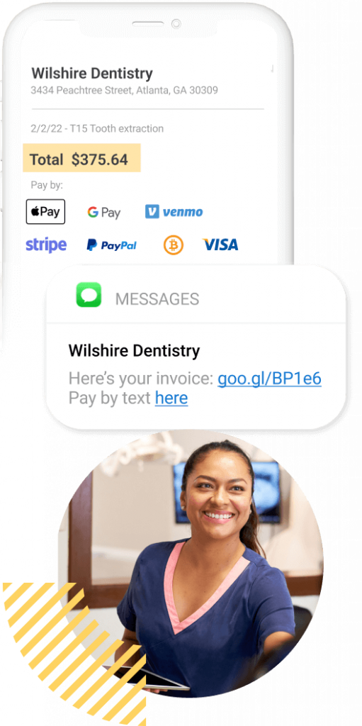 Female dental assistant in blue top smiling in an office; phone showing mobile payment companies.