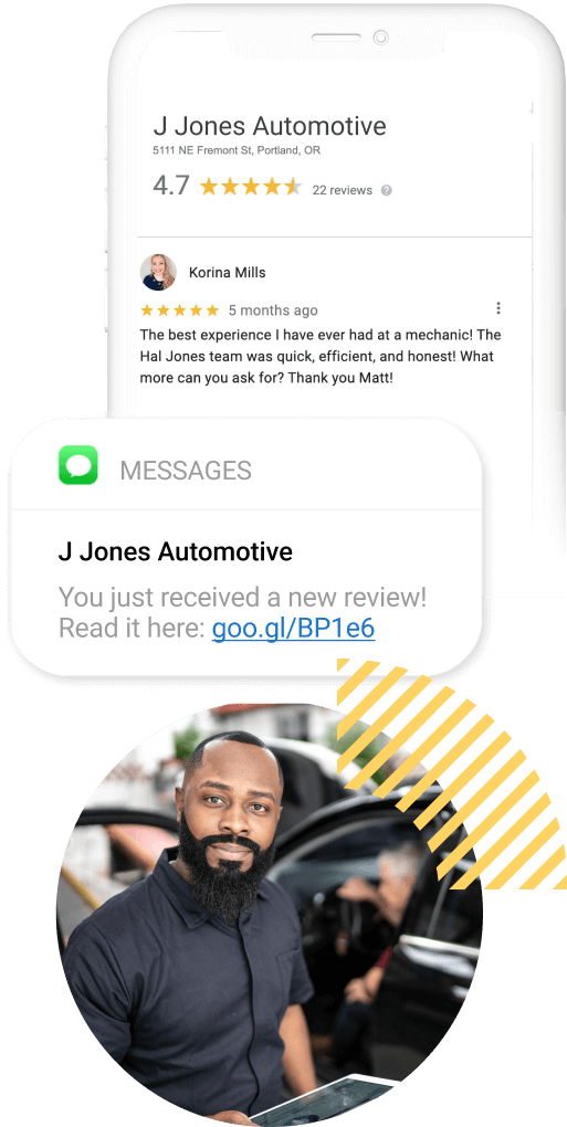 Black male in dark shirt holding an ipad near cars; phone showing reviews and ratings of automotive business.